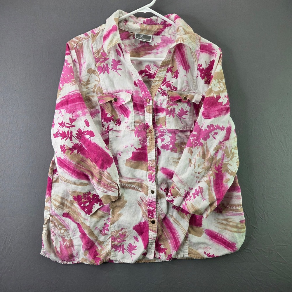 JM Collection Button Down Shirt Womens 16W Pink Tan Floral 100% Linen 3/4 Sleeve - Picture 3 of 8